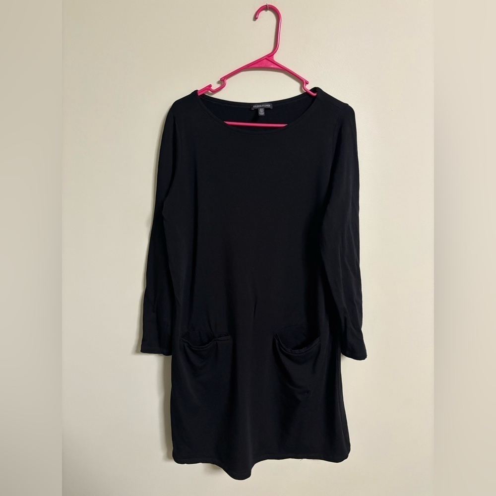 Eileen Fisher Viscose Jersey Ponte Shift Dress Black Long Pockets Size Medium